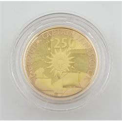 Captain Cook gold proof three coin series, comprising 2018, 2019 and 2020 dated gold proof two pound coins, all three housed together in a Royal Mint presentation box, the individual boxes and certificates are also present