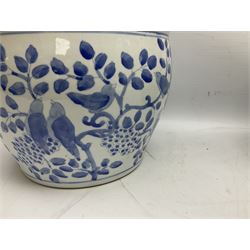 Pair of Chinese blue and white jardinieres, decorated with birds perched upon branches with key fret border to rim, H23cm D30cm, together with a smaller jardiniere decorated with green foliage, H17cm