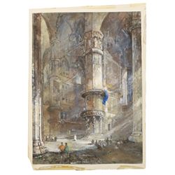 Charlotte Elizabeth Vawser RA (British fl. 1837-1875): Interior of a European Cathedral - possibly Lyon, watercolour faintly signed and dated 1870, 22cm x 16cm (unframed)
Notes: Vawser was the Daughter of fellow watercolourist George Richard Vawser. She lived in London and Derby and exhibited at the Royal Academy, the British Institution and the Society of British Artists during her career.