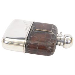 Edwardian silver mounted hip flask, the glass body overlaid with crocodile effect leather, with silver collar, cap and removable cup engraved with initials, all hallmarked G & J W Hawksley, Sheffield 1907, H13cm