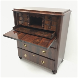 19th century figured mahogany secretaire chest, fall front enclosing fitted interior, three gradating drawers, turned supports, W100cm, H115cm, D52cm
