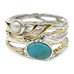 Silver and 14ct gold wire pearl and turquoise ring, stamped 925