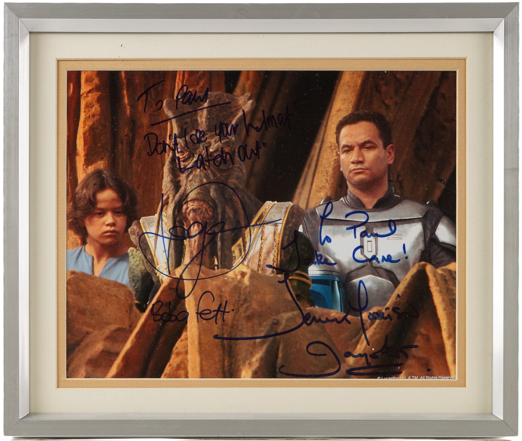 Signed Star Wars prints, comprising Rogue One Cineworld poster signed by Spencer Wilding (Darth Vader), portrait of Lando Calrissian signed by Billy Dee Williams, still of Boba Fett and Jango Fett signed by Daniel Logan and Temuera Morrison and a still of Darth Maul signed by Ray Park, R2-D2 signed by Kenny Baker and a C-3PO montage signed by Anthony Daniels, all framed 