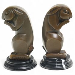 After André Bizette-Lindet - Pair of Art Deco style bronze rabbits, bearing signature and foundry stamp, H15.5cm 