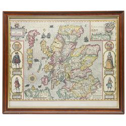 John Speed (British 1552-1629): 'The Kingdome of Scotland', 17th century engraved map with hand-colouring with inset plans of the Isles of Orkney and 'carte-a-figure' margins including Queen Anne and King James, pub. by John Sudbury & George Humble c.1611, 38.5cm x 51cm