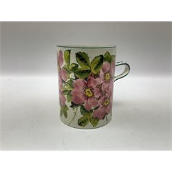 Early 20th century Wemyss large mug in wild rose pattern, decorated with pink roses and green lined boarder H14cm