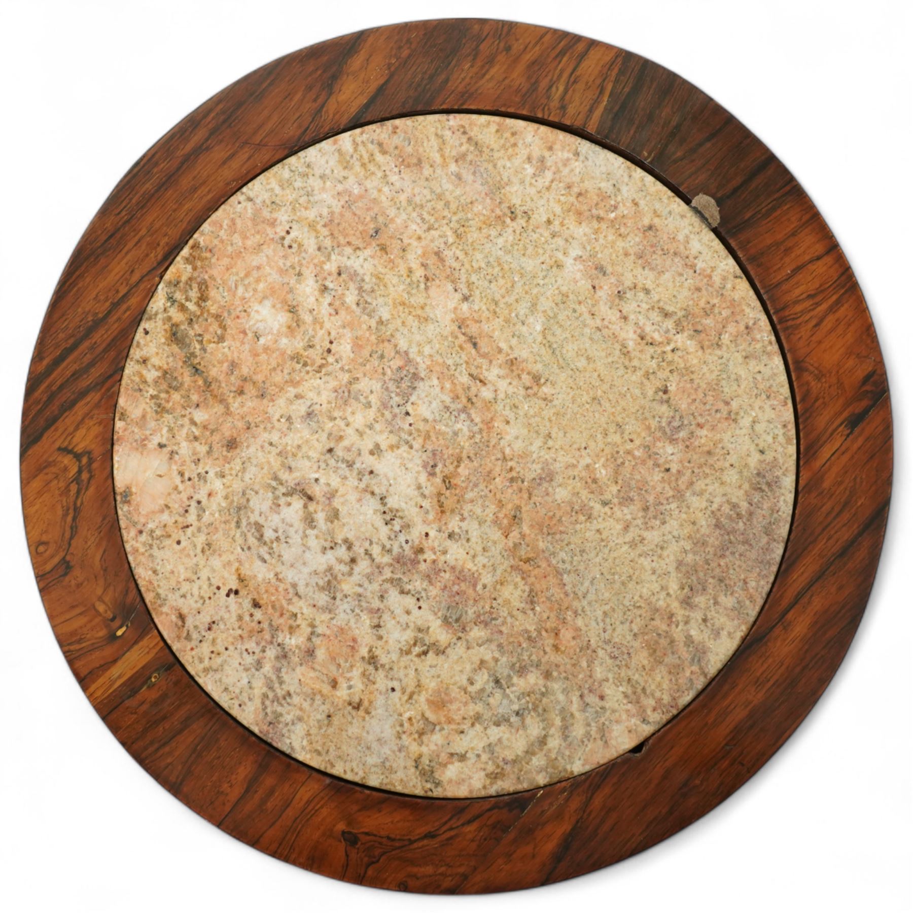 An early Victorian rosewood plant stand with removable marble top, with metal interior liner, circular top above fluted column with arched scroll supports on turned base with scroll feet 