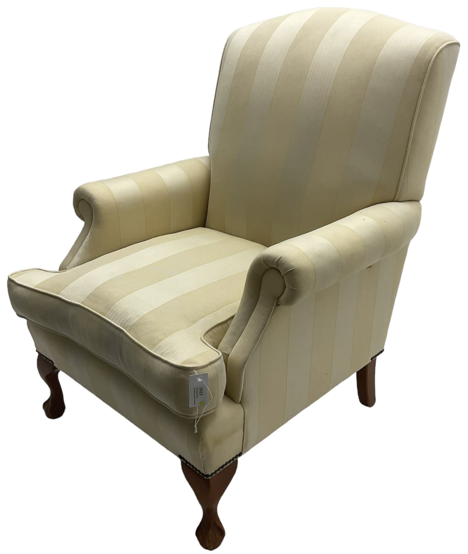 Wesley-Barrell - Georgian design traditional shaped armchair with rolled arms, sprung back and loose seat cushion upholstered in beige striped fabric with gold piping, raised on cabriole supports with ball and claw feet