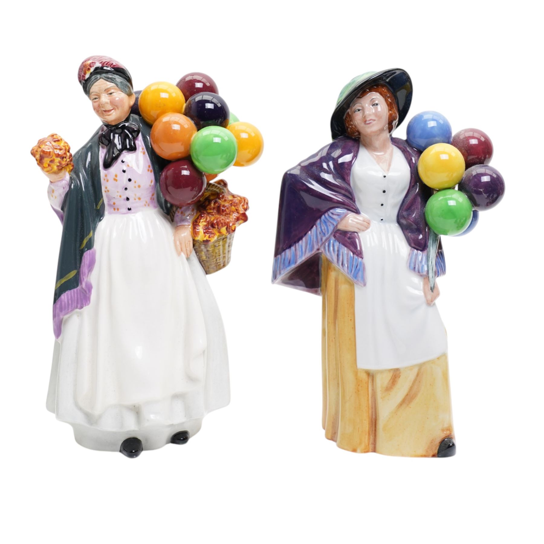 Six Royal Doulton figures, including Balloon Lady HN2935, The Orange Lady HN1759, Silks and Ribbons HN2017 and The Balloon Man HN1954 