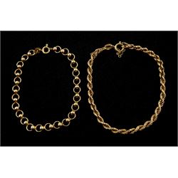 Gold circular link bracelet and a gold rope twist bracelet, both 9ct stamped or hallmarked, approx 9.1gm