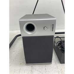 Yamaha Tyros 4 Digital Workstation keyboard with three-piece Option Speaker System TRS-MS04, foot control, various cables and stand; together with a Peavey microphone stand and Shure SM58S microphone