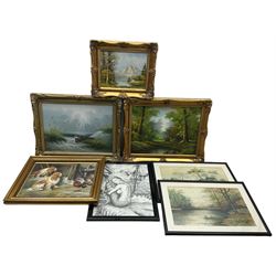 English School (20th century): Spaniels with the Day's Bag, oil on panel unsigned 26cm x 33cm; three continental oils in gilt frames; pair River Landscape watercolours by C Hardaker and a pencil sketch of a Mermaid (7)