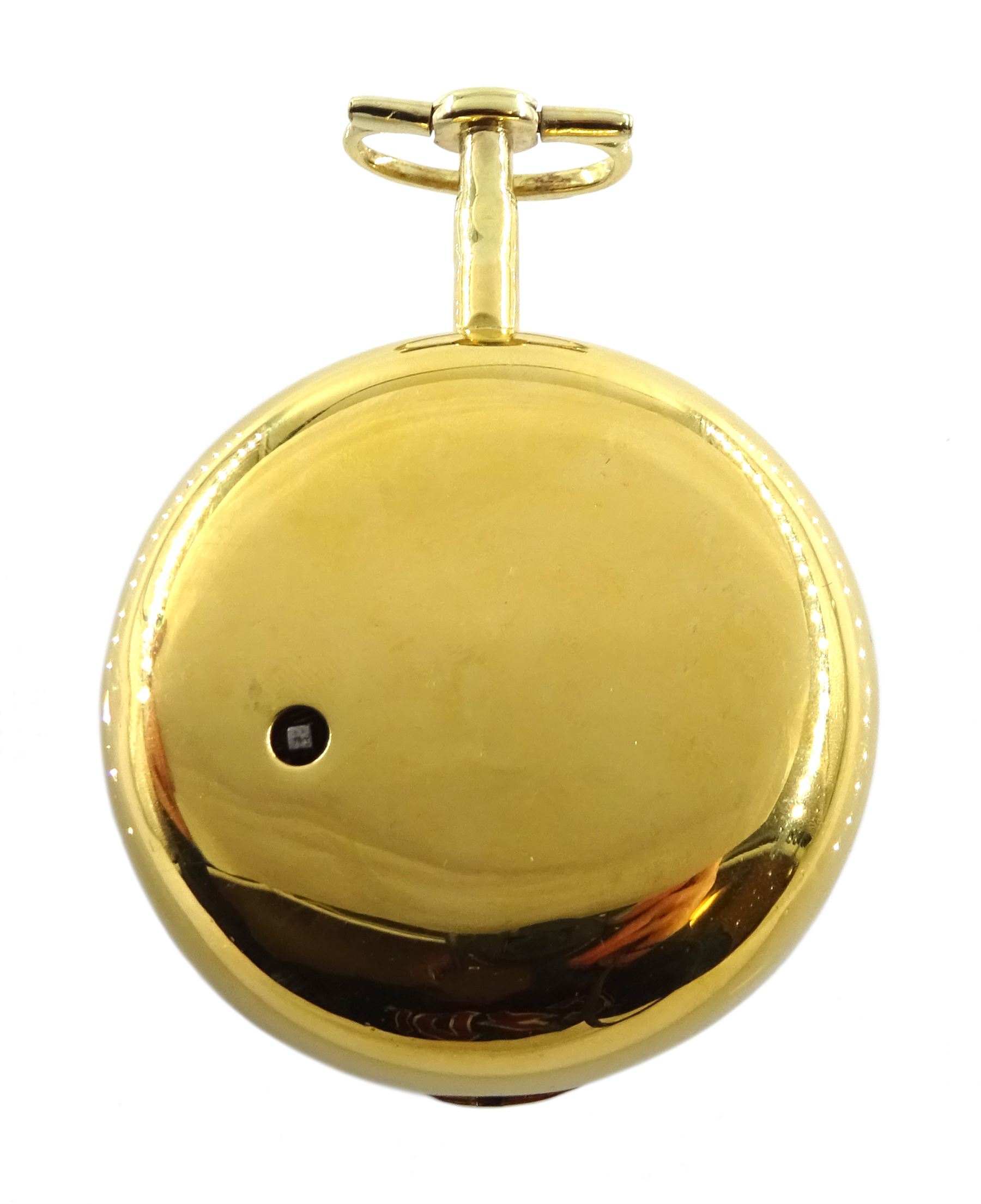 George III gilt pair cased verge fusee pocket watch by George Flote, Islington London, No. 1790, round baluster pillars, pierced and engraved cock balance, white enamel dial with Roman numerals, bull's eye glass, case makers mark I.N, with a fabric watchpaper embroidered with 'Oft let us meet in thought'