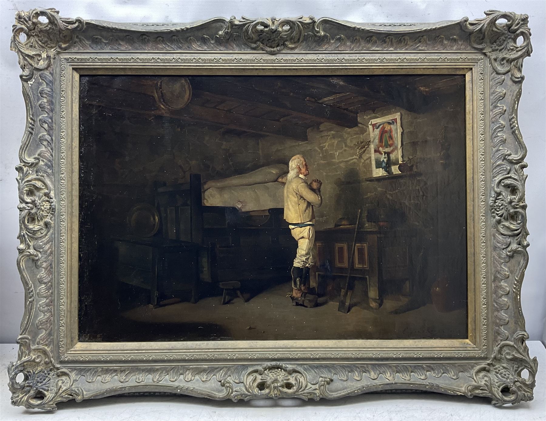 Louis Eugène Leroux (French 1833-1905): Gentleman Praying to a Shrine, oil on canvas signed and dated 1869, 51cm x 75cm