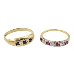 18ct gold ruby and diamond half eternity ring and a 9ct gold gypsy set three stone sapphire ring, both hallmarked