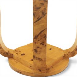 Art Deco style pair of burr walnut lamp tables, octagonal top with rounded corners and book-matched veneers, on four shaped supports united by a circular undertier and plinth base