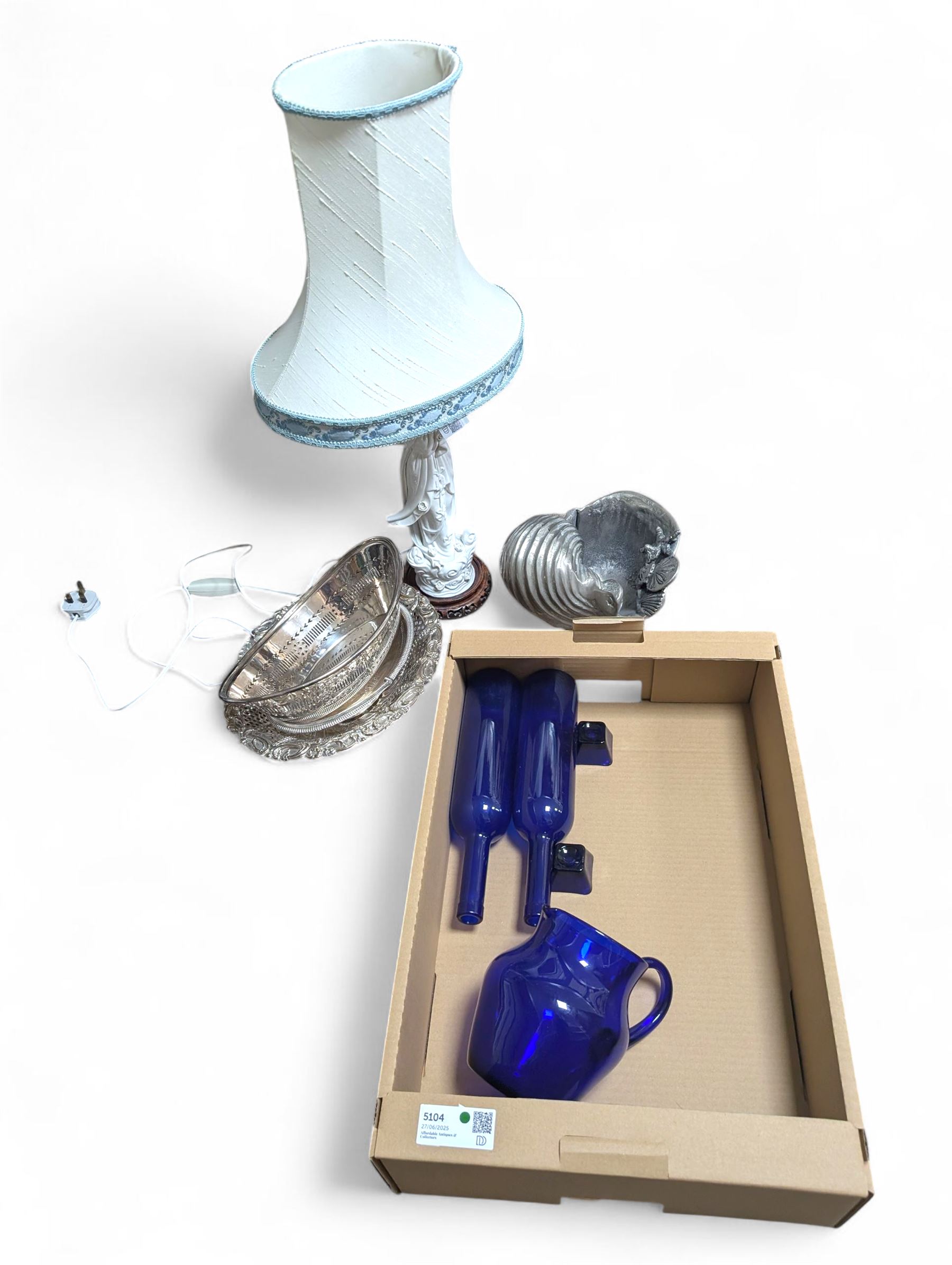Bristol blue jug, silver and Sheffield plate, Blanc-de-Chine table lamp and a cast shell bowl, etc 
