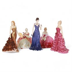 Two Royal Doulton figures, Victoria HN2471 and Wistful HN2396, together with three Royal Worcester figures Sappier, Amber and Claudia 
