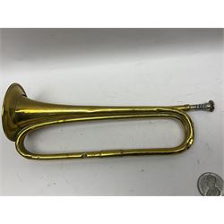 WWI Boosey & Co. brass military bugle, stamped 1916, together with Death of the Duke of Wellington, 1852, white metal medal by Allen & Moore, bugle L43cm