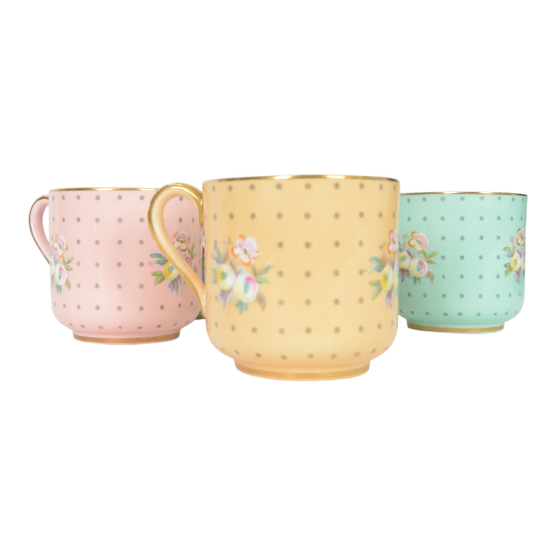 Spode six coffee cups and saucers cased set, decorated with floral sprigs on a polka dot ground with gilt detail