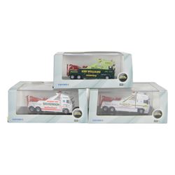 Two limited edition Oxford Haulage 1:76 scale diecast articulated lorries, comprising 'McCulla' model DAF01FR and 'Tuners of Soham' model MAN01FR, together with three Oxford 1:76 scale recovery trucks, comprising DAF02REC KArdos Recovery, VOL02REC Sovereign Recovery and SP017 Ken Williams Recovery, all boxed (5)