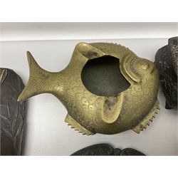 Brass sunfish ashtray, Chinese silver plated trinket box with mirror, bronzed matchbox cover and a collection of other Oriental bronzed embossed metal trays