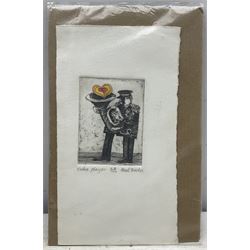 Mel Fowler (American 1921-1987): 'Pasiphaë - Ovid Series', woodblock print signed and titled in pencil 31cm x 23cm; 'Tuba Player', coloured etching signed titled and numbered 23/100 in pencil 7cm x 10cm (unframed) (2)