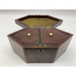 George III mahogany and boxwood strung tea caddy, of lozenge form, the hinged cover opening to a twin compartmented interior, the covers with ivory knops lifting to reveal remnants of zinc lining, H13.5cm L26cm
