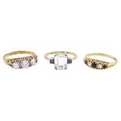 Gold five stone sapphire and cubic zirconia ring, gold three stone cubic zirconia ring, both hallmarked 9ct and a 9ct gold and silver paste stone set ring