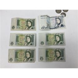 Queen Victoria 1890 crown coin, King George V 1929 half crown, 1922 florin, King George VI 1940 half crown, Bank of England Somerset five pound note 'HW30' and five one pound notes