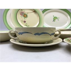 Clarice Cliff for Newport Pottery Corolla pattern tea and dinner wares, comprising triangular bowl, four side plates, two shallow bowls and teacup (a/f), together with a Clarice Cliff Wilkinson twin handled soup bowl and unassociated saucer both decorated with pink and yellow flowers, together with other mid century ceramics comprising Parrott and Company Coronet Ware, and Royal Staffordshire AJ. Wilkinson Ltd dinner wares