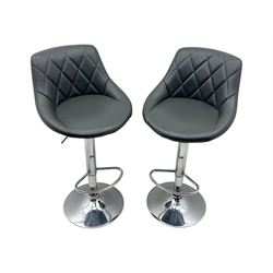 Pair of contemporary adjustable ‘Woltu’ bar stools, diamond-quilted grey faux leather seats with low backs, chrome bases with footrests and hydraulic height adjustment mechanism