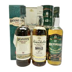 Knockdhu, 12 year old, single malt Scotch whisky, 70cl, 40% vol, Miltonduff, 12 year old, single malt Scotch whisky, 70cl, 43% vol and Deanston, 12 year old, single malt Scotch whisky, 70cl, 40% vol (3)