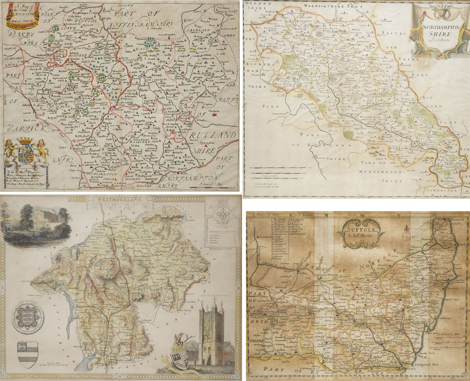 Richard Blome (British 1635-1705): 'A Mapp of the County of Leicester with its Hundreds', 18th century map with hand-colouring pub. c.1673; 
Robert Morden (British c.1650-1703): 'Northamptonshire' and Suffolk', two 17th/18th century engraved maps with hand-colouring together one other similar max 36cm x 42cm (4)