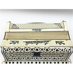 Italian Lambardi piano accordion in ivory coloured pearline case with jewelled decoration, twenty keys and one-hundred and twenty buttons L 37cm