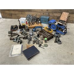 Myford Super 7 metal turning lathe with extensive collection of attachments, chucks, collets, bits; and precision metal saw