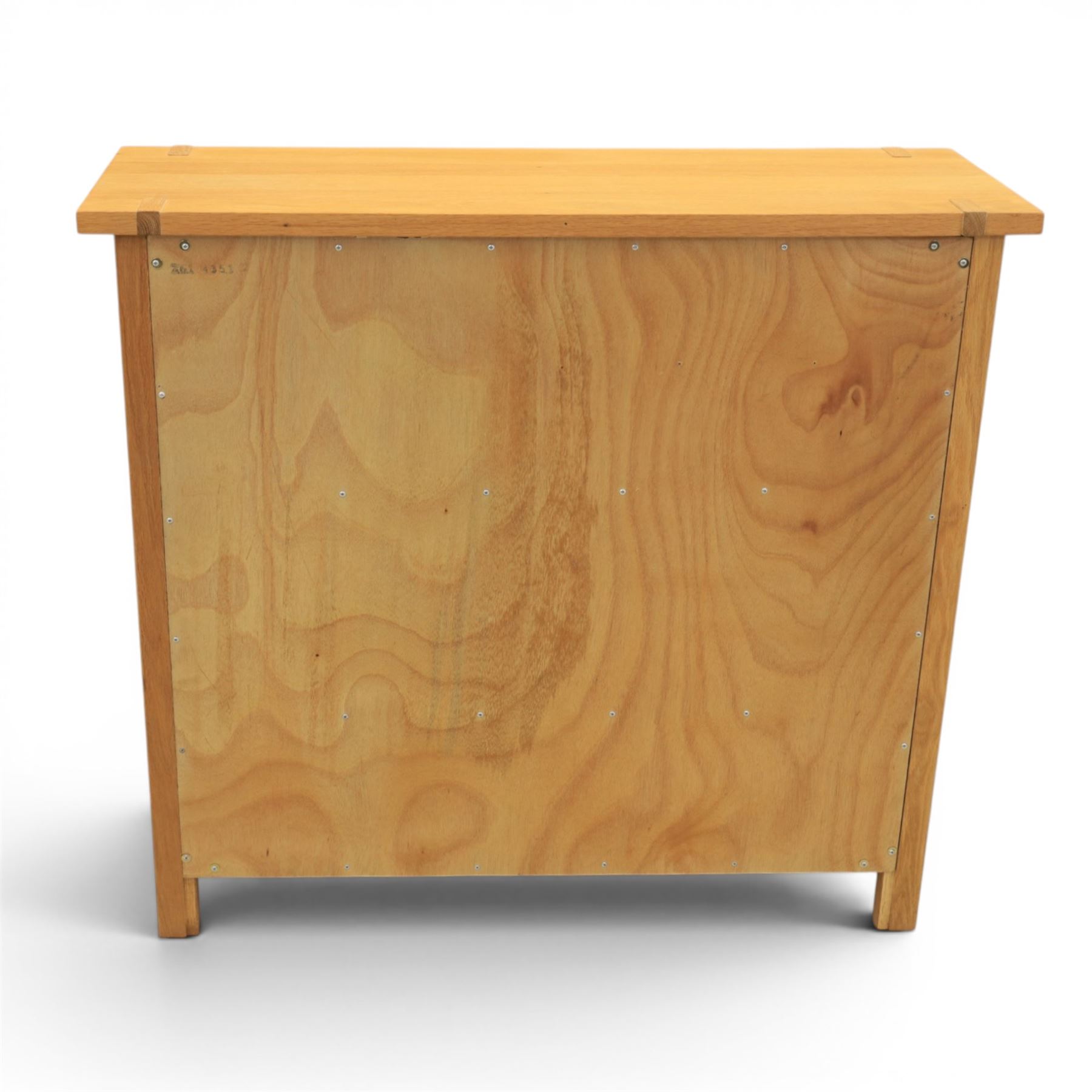 Contemporary Oak cabinet, rectangular top with tenon detailing, two open recess shelves, above a single drawer with blackened metal handles