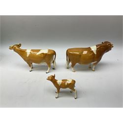 Beswick Guernsey cow family group, comprising bull 'Sabrina's Sir Richmond' no 1451, cow no 1248a and calf no 1249a, all with printed mark beneath and with original boxes 
