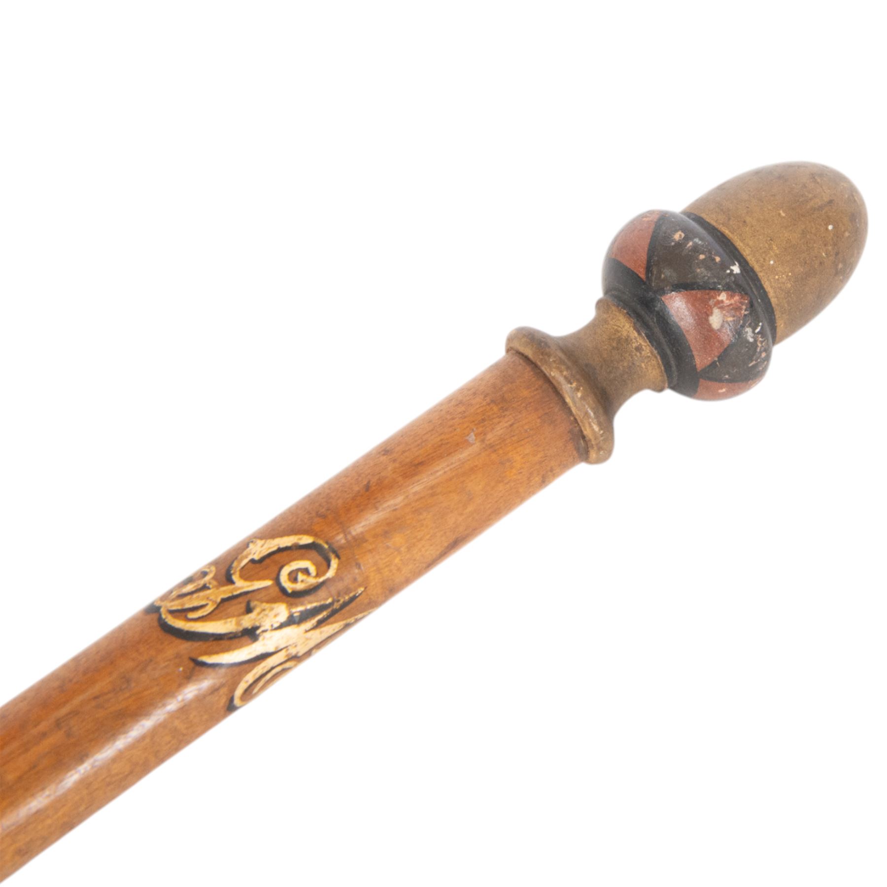 Turned wooden tipstaff, with hand painted decoration and acorn shaped finial, L57cm
