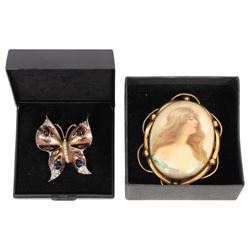 Trifari silver butterfly brooch and a gilt metal ceramic cameo brooch