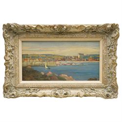 E Martin (Continental Mid-20th century): Sailing Boat by Mediterranean Harbour, oil on board signed 19cm x 37cm 