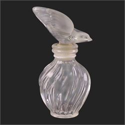 Lalique glass pin dish, with a frosted bird to the center, together with two Lalique scent bottles, pin dish H8cm