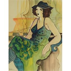 Patricia Govezensky (Israeli 1961-): Lady in a Green Dress, watercolour signed 32cm x 24cm