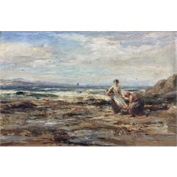 Attrib. John Carey (Scottish 1860-1943): Fisher Girls on the Beach, oil on canvas indistinctly signed and dated 19**, 29cm x 45cm