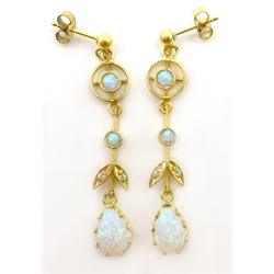  Silver-gilt opal pendant earrings, stamped sil  