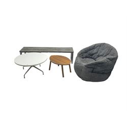 Ambient Lounge - tub shaped beanbag armchair in pebble grey fabric (W90cm H80cm); bench with slate grey wood effect top, on chrome supports (W160cm H41cm); and circular white finish coffee table on chrome supports (W80cm H41cm); and small side table