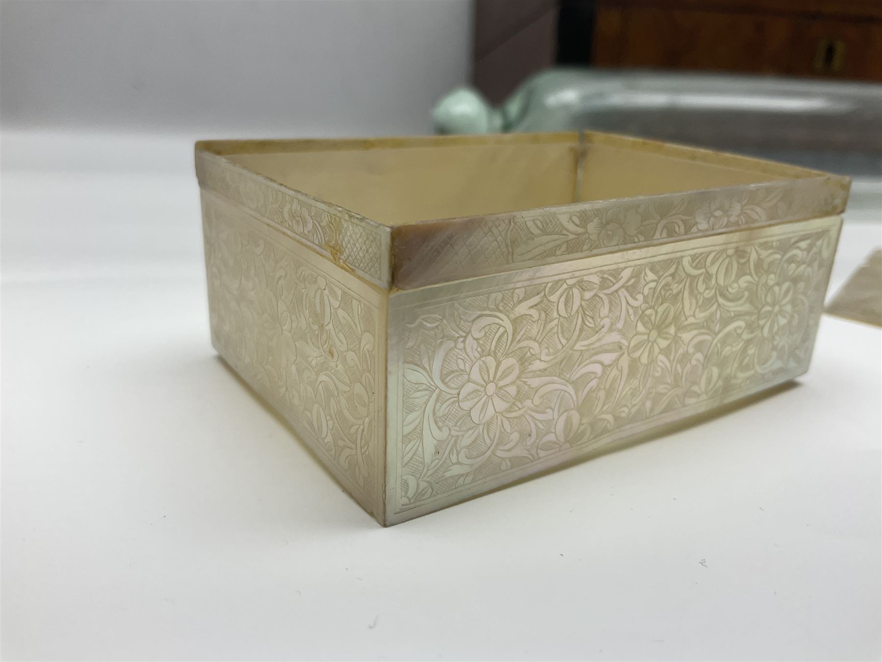 Victorian glass rolling pin, black basalt teapot, mother of pearl box with foliate engraving and sliding lid, and a wooden writing slope, with purple velvet interior, writing slope H14cm