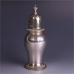 Mid 20th century silver sugar shaker, of typical baluster form, the removable pierced cove...