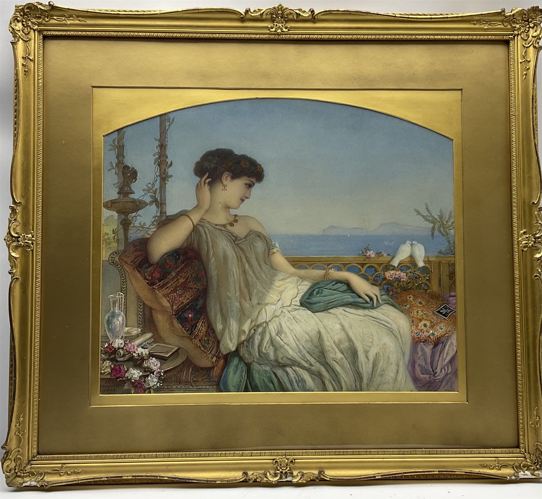 Augustus Jules Bouvier (British 1825-1881):Young Lady with Love Birds on a Mediterranean Balcony, watercolour signed and dated 1869, 39cm x 47cm