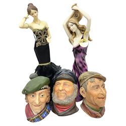 Three Legend Products plaster head wall plaques, comprising The Tinker, Jock and The Bosun, together with two The Leonardo Collection figures Sophistication and Desire, tallest H35cm
